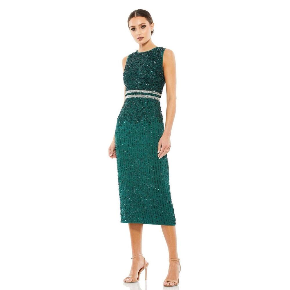 MAC DUGGAL SLEEVELESS HIGH NECK BEADED MIDI SHEATH DRESS DEEP EMERALD SZ 14 NWT